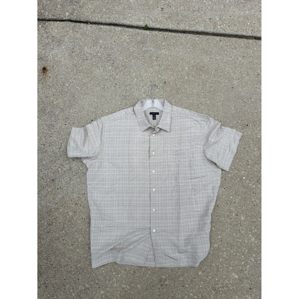 Van Heusen Mens XL Short Sleeve Button Down Shirt Tan Plaid Casual Grid Top